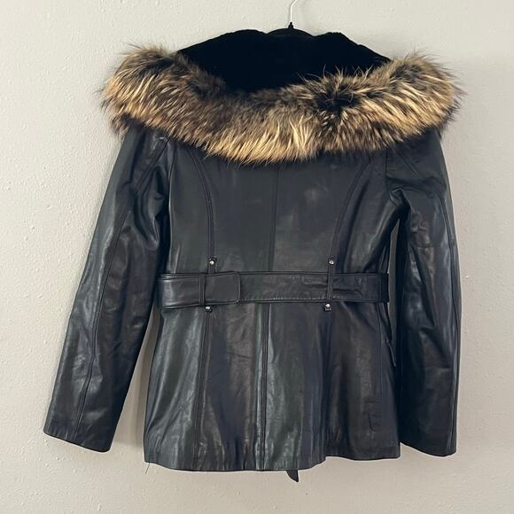 Donica Black Leather Jacket Women’s S Faux Fur Collar Double Breasted Mob Wife - Picture 10 of 10